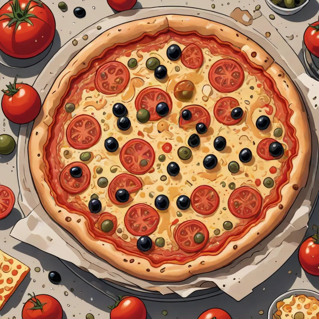 a pizza with olives, tomatoes, and cheese on a table with a knife and fork and a bowl of olives, a photorealistic painting, Artur Grottger, hyperrealism, ultra realistic illustration