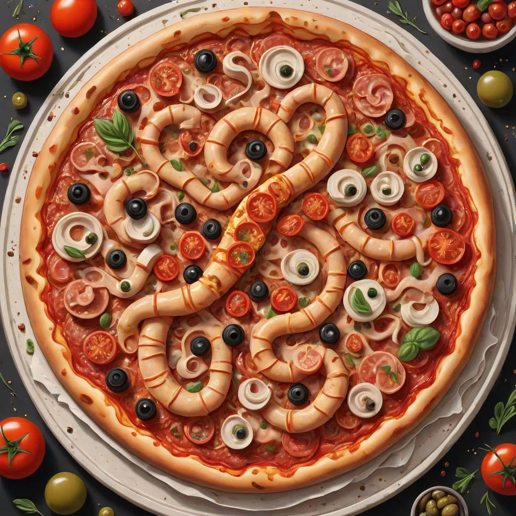 a pizza with a snake on it surrounded by tomatoes, olives, tomatoes, and other ingredients on a table, a pastel, Chris LaBrooy, generative art, ultra realistic illustration