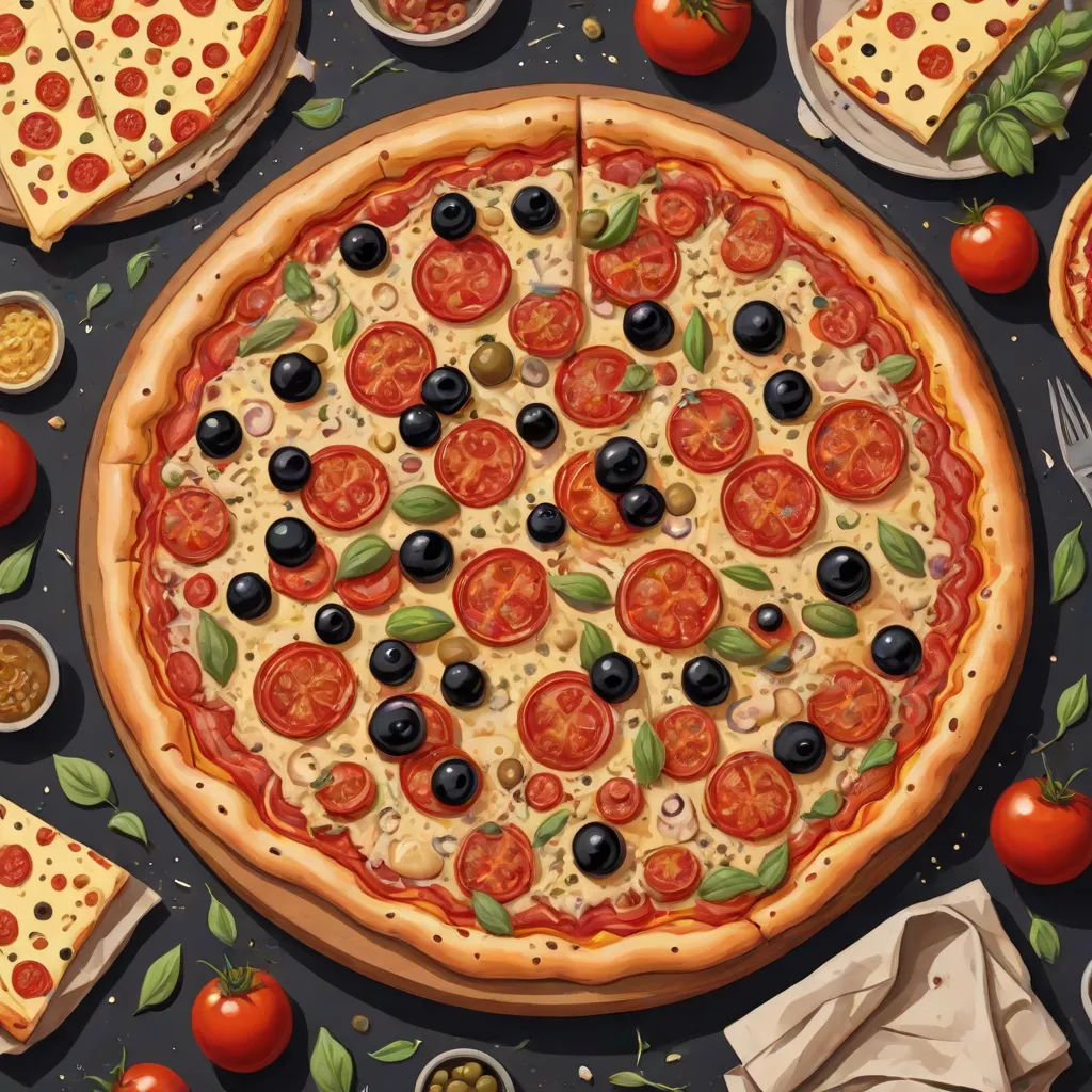 a pizza with olives, tomatoes, and cheese on a table with other food items around it and a knife, a photorealistic painting, Chris LaBrooy, hyperrealism, ultra realistic illustration