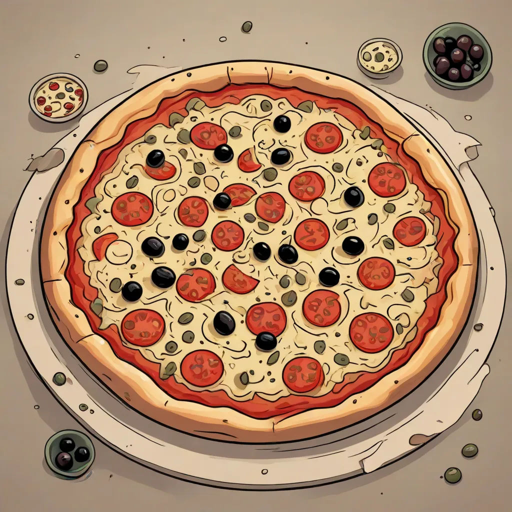 a pizza with olives, tomatoes, and other toppings on a plate with a knife and fork, a pastel, Chip Zdarsky, photorealism, ultra realistic illustration