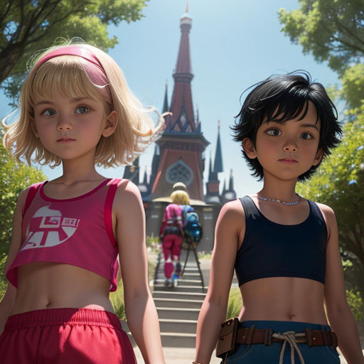 two young girls standing in front of a castle with a clock tower in the background and a man and woman walking down the street