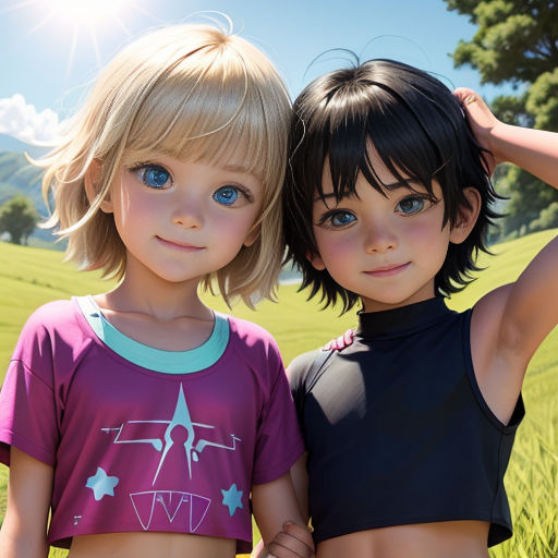 two little girls standing next to each other in a field of grass with a sun shining behind them and a field of green grass behind them