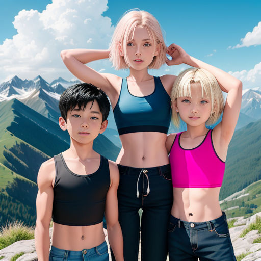 three young women and a boy posing for a picture in front of a mountain range with mountains in the background