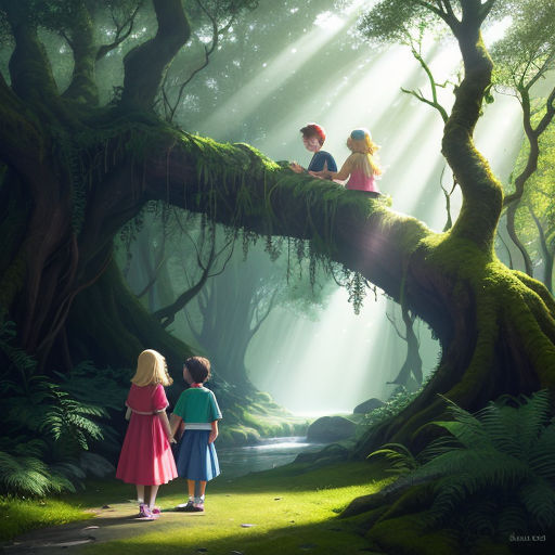 two children standing on a mossy tree branch in a forest with sunlight streaming through the trees and a stream running through the forest