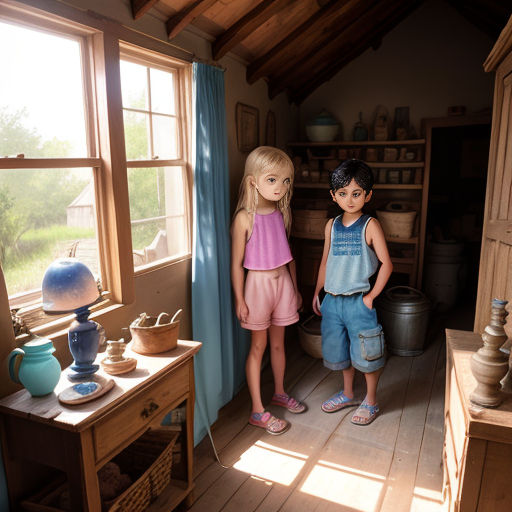 two dolls standing in a room with a window and a table with a vase on it and a lamp on the floor