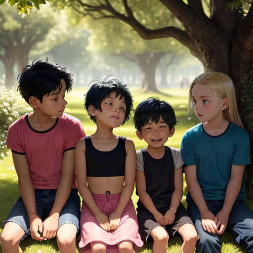 a group of children sitting next to each other on a field of grass and trees with a tree in the background