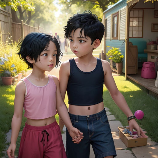two children are walking down a sidewalk holding hands and looking at the camera with a house in the background