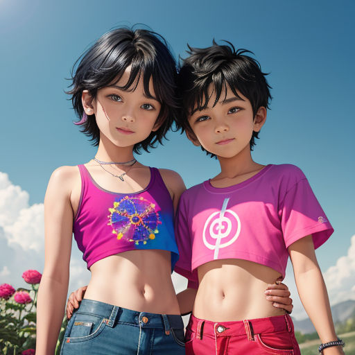 two young girls standing next to each other in front of a field of flowers and a blue sky with clouds