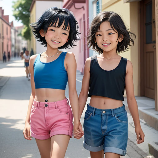 two young girls walking down a street holding hands and smiling at the camera, both wearing blue and pink tops