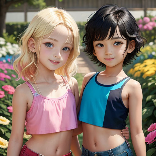 two children standing next to each other in a field of flowers and flowers with a walkway in the background