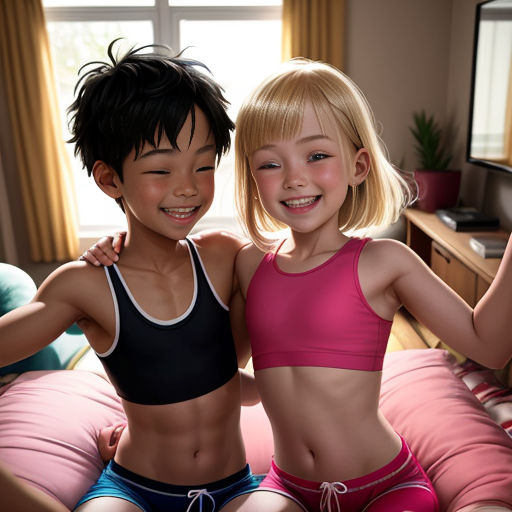 two young children sitting on a bed in a room with a window and a tv on the wall behind them