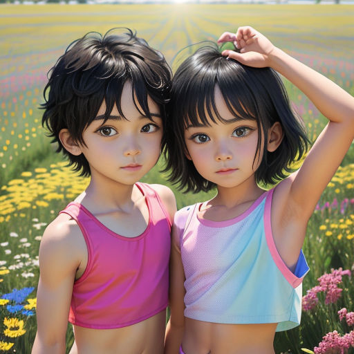 two young girls standing in a field of flowers with their arms around each other's shoulders, with the sun shining behind them