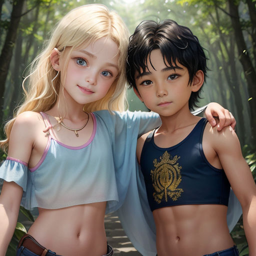 two children are posing for a picture in the woods together, one is wearing a crop top and the other is wearing a crop top