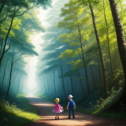 a couple of people that are standing in the dirt road in the woods with trees and grass on both sides of the road