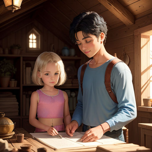 a man and a little girl are standing in a room with a book and a pen in their hands