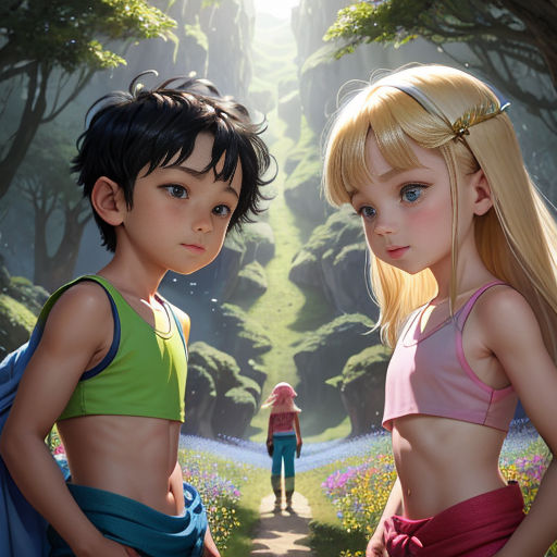a couple of kids standing next to each other in a forest with a person standing in the background and a person standing in the background