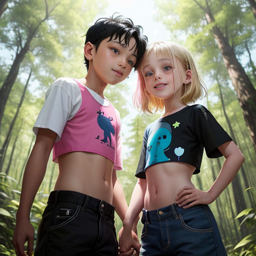 two children standing in the woods with their arms around each other, with trees in the background and sunlight shining through the leaves
