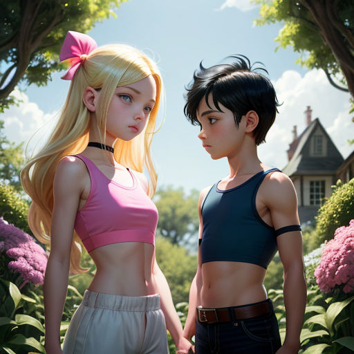 a couple of women standing next to each other in a field of flowers and trees with a house in the background