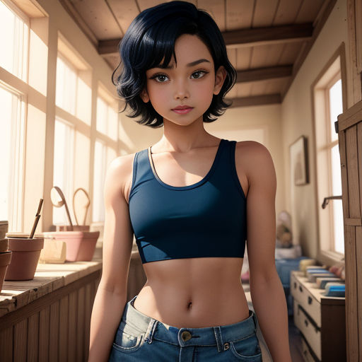 a woman in a blue top standing in a room with a window and a potted plant in the background