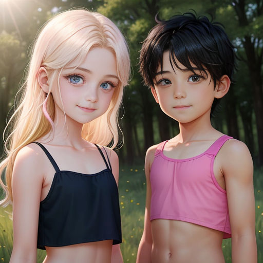 two young girls standing next to each other in a field of grass and flowers with trees in the background