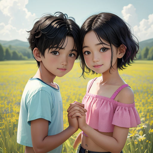 two children standing in a field of flowers with their hands together and looking at the camera with a blue sky and clouds in the background