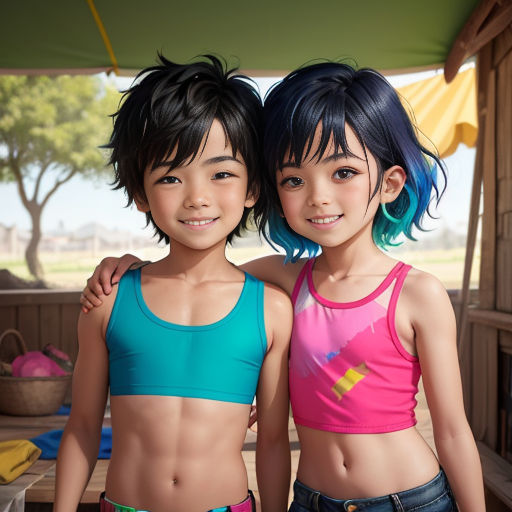 two young girls standing next to each other in a room with a green roof and a blue and pink top