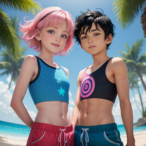 two young girls standing next to each other on a beach with palm trees in the background and a blue sky