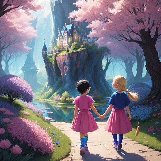 two little girls walking down a path towards a castle in the woods with pink flowers on the trees and a lake in the background