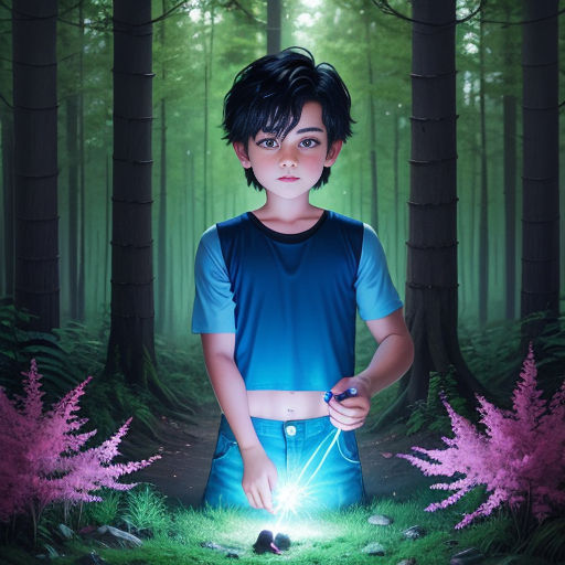 a boy standing in a forest holding a flashlight in his hand and a glowing object in his hand in front of him