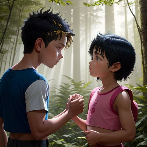 a boy and a girl standing in a forest with trees and plants in the background, both looking at each other