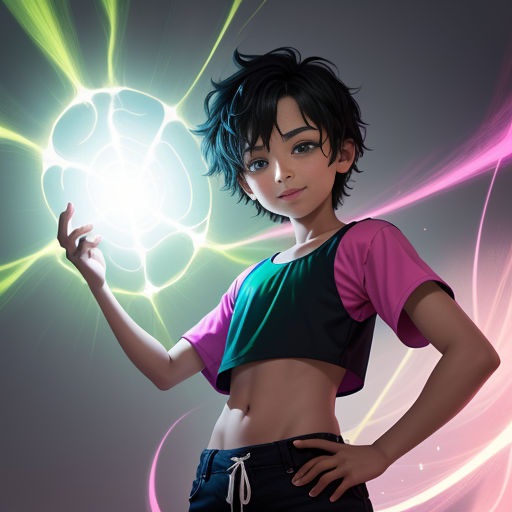 a woman with a green and pink shirt holding a light ball in her hand and a black and pink shirt on