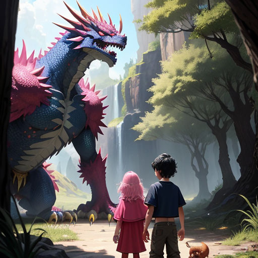 a boy and a girl are looking at a dragon in the woods with a dog on a leash in front of them