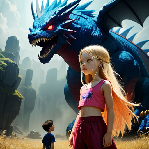 a young girl standing next to a giant blue dragon in a field of grass with a little boy looking on