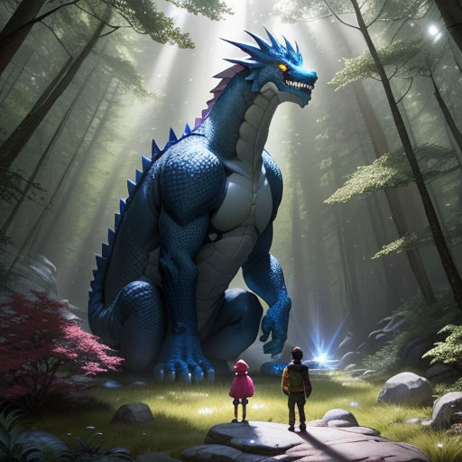 a man and a woman standing in front of a large blue dragon in the woods with a light shining on it