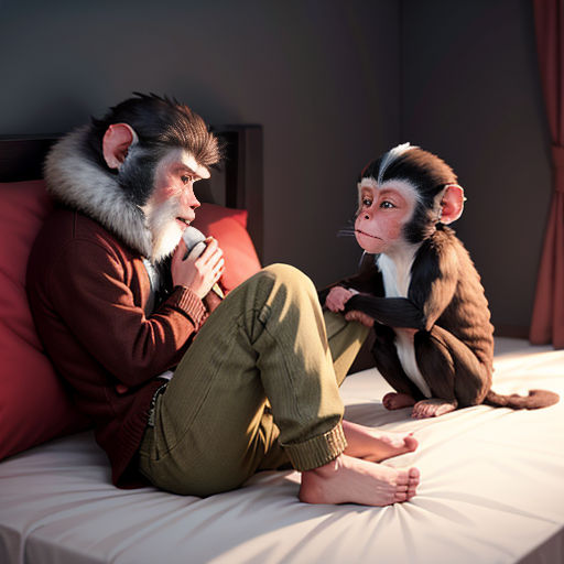 a monkey sitting on a bed next to a man in a monkey suit on a bed with a monkey on his lap