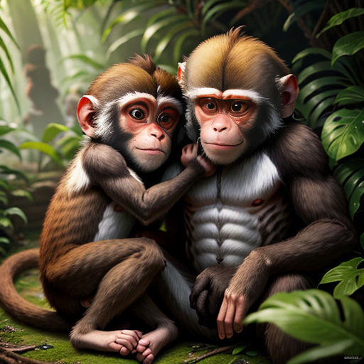 two monkeys sitting on the ground in the jungle hugging each other's necks and looking at the camera