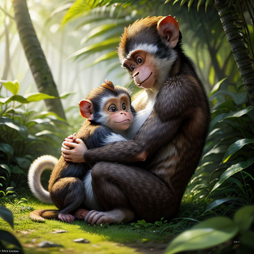 a monkey and a monkey cub sitting in the jungle together, with a baby monkey on their lap, and a third monkey on its back
