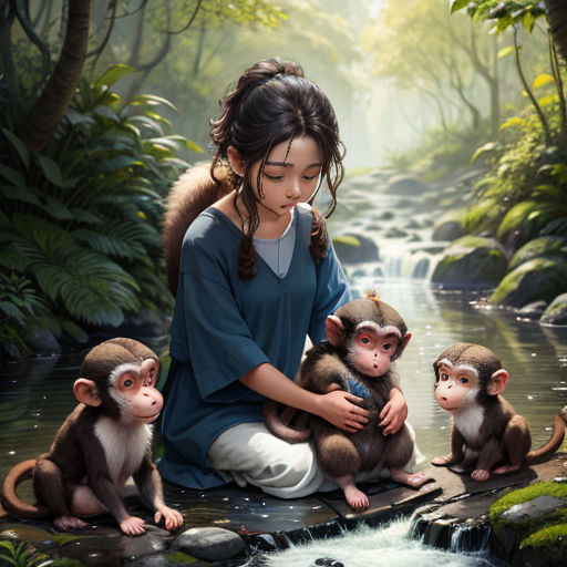 a painting of a girl holding three monkeys in a forest setting with a stream of water and rocks in the foreground