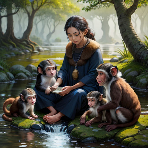 a woman sitting on a rock with monkeys in a forest next to her and a river running through it