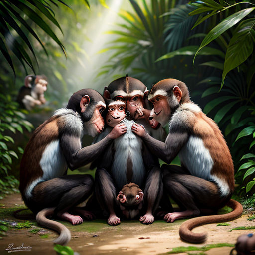 a group of monkeys sitting on top of a forest floor next to a monkey on the ground with another monkey