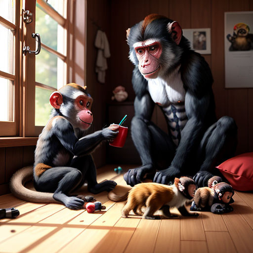 a monkey and a monkey are playing with toys in a room with wood floors and windows, and a cat is looking at the monkey