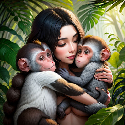 a woman holding two monkeys in a jungle setting with leaves and plants around her, and a painting of a woman holding two monkeys