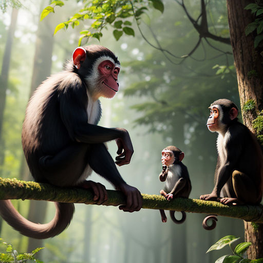 a group of monkeys sitting on a tree branch in the forest with a monkey holding a branch in its mouth