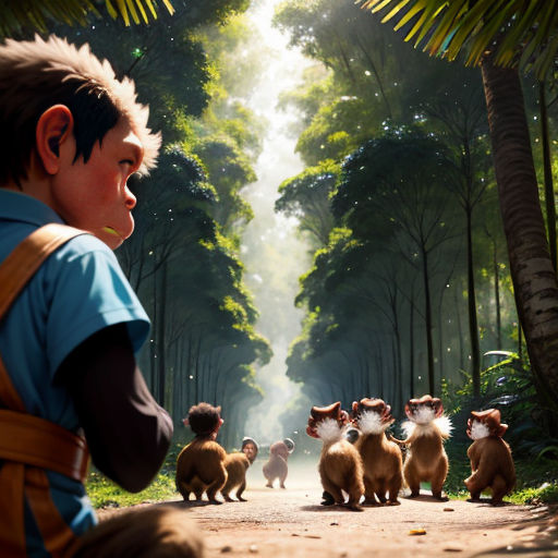 a boy is looking at a bunch of small animals in the woods, with a forest background and a group of small brown and white dogs