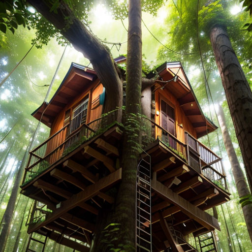 a tree house in the middle of a forest with stairs leading to it and a staircase leading to the top