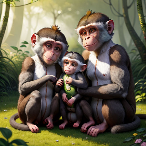 three monkeys sitting on the ground in a forest with a baby monkey in the lap of their arms and a third monkey in the other hand