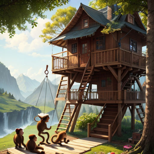 a painting of a tree house with monkeys on a swing set in front of it and a mountain in the background