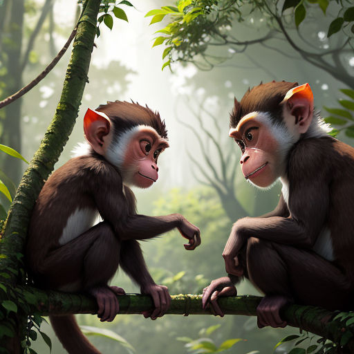 two monkeys sitting on a branch in a jungle looking at each other with eyes closed and one monkey with a long tail