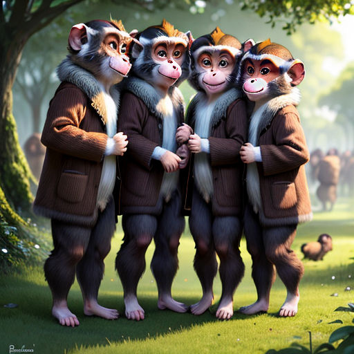 three monkeys dressed in brown coats standing in a park with geese in the background and trees in the foreground