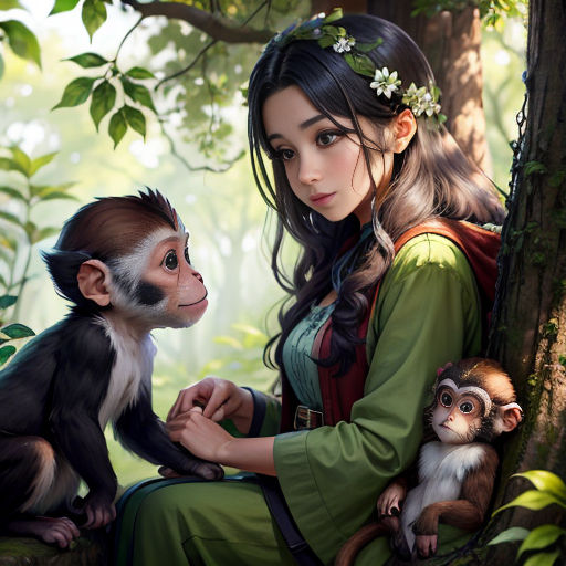 a woman sitting next to a monkey on a tree branch in a forest with a monkey on her lap